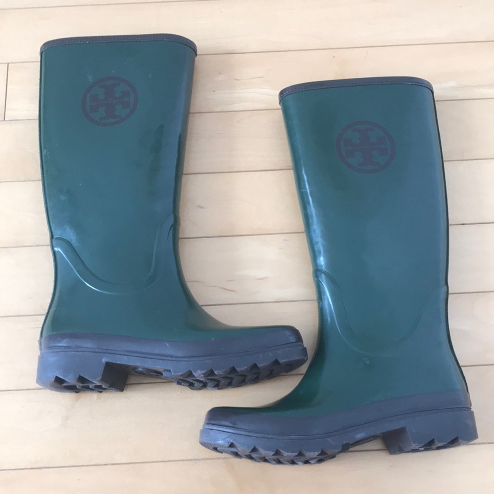 Tory Burch Hunter Green Logo Rain Boots Size 8